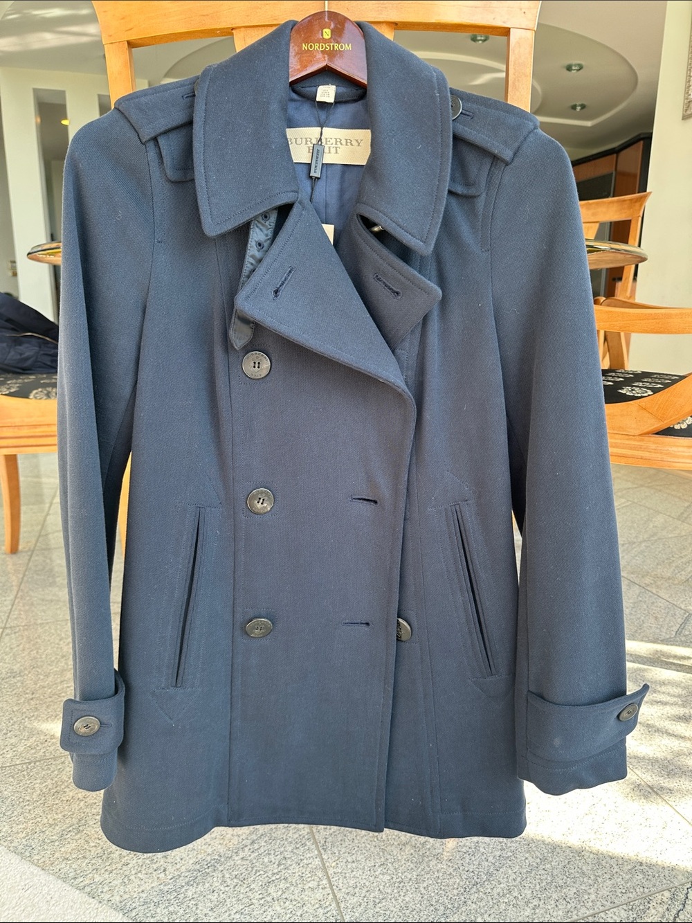 Burberry Navy Double-Breasted Wool Peacoat with Epaulets, Womens
